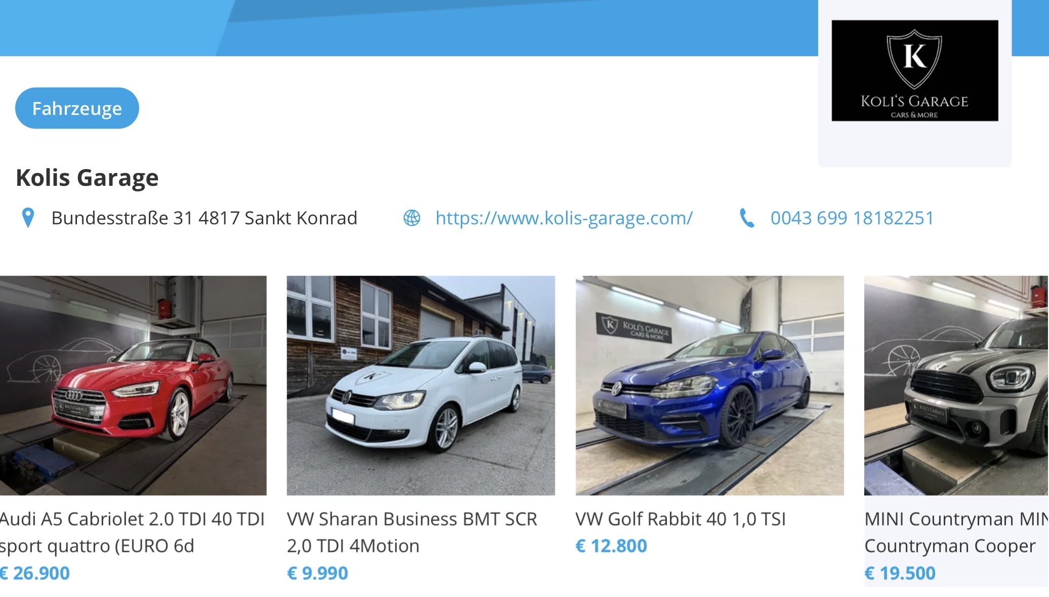 Aktuelles Fahrzeugangebot Koli's Garage auf willhaben.at